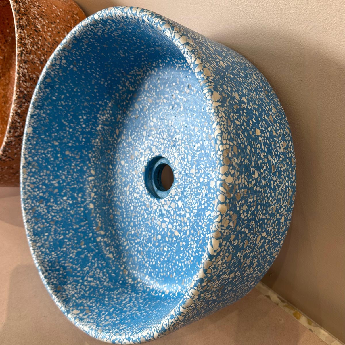 Concrete Collaborative | Concrete Terrazzo Round Sink in Sky Blue, Light Chip