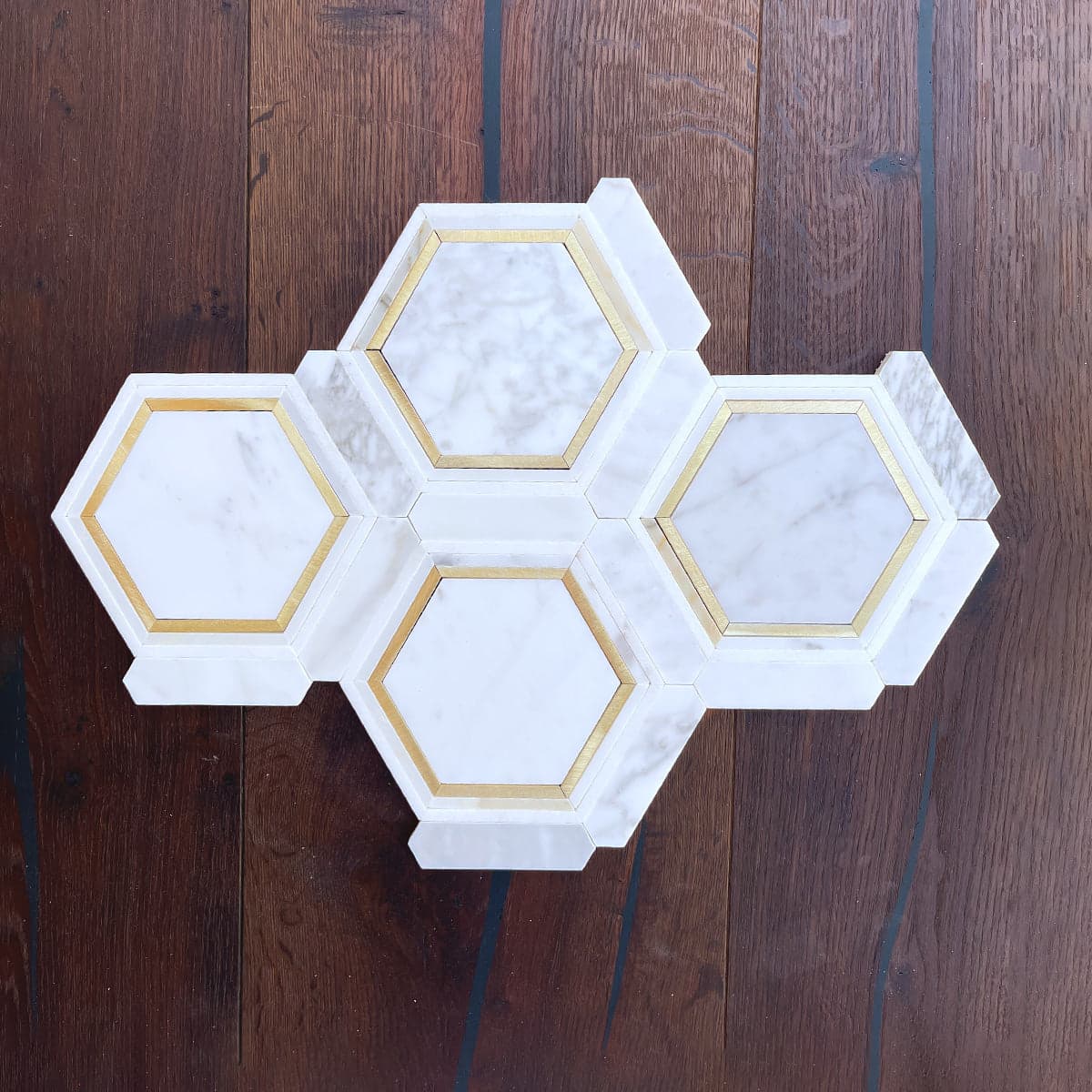 ES Stone Honeycomb Mosaic Tile in white marble with brass/gold inlay, 6.25" individual tiles